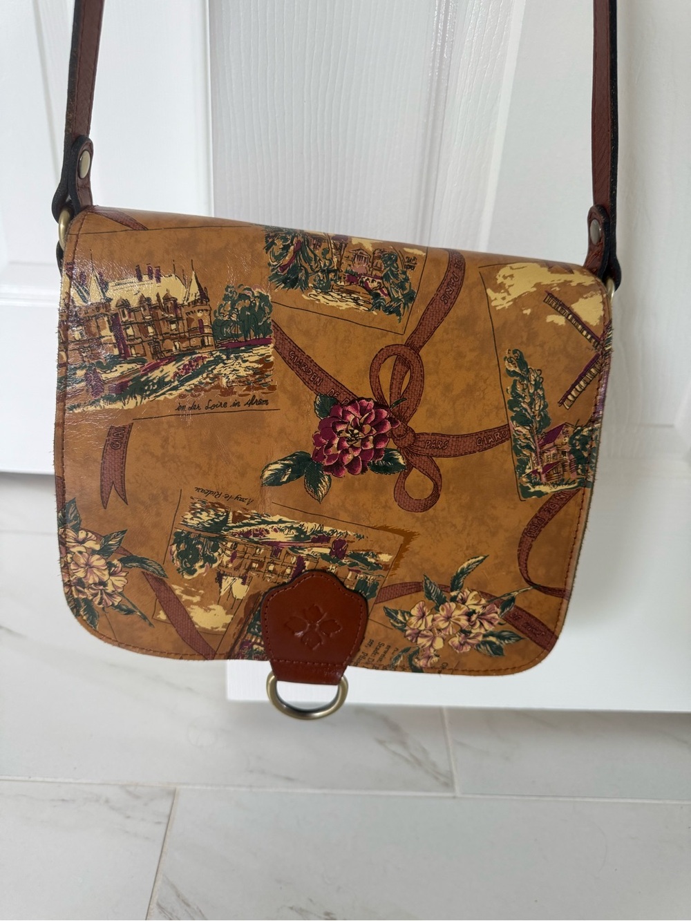 Patricia Nash Tan Floral Postcard Print Leather Crossbody